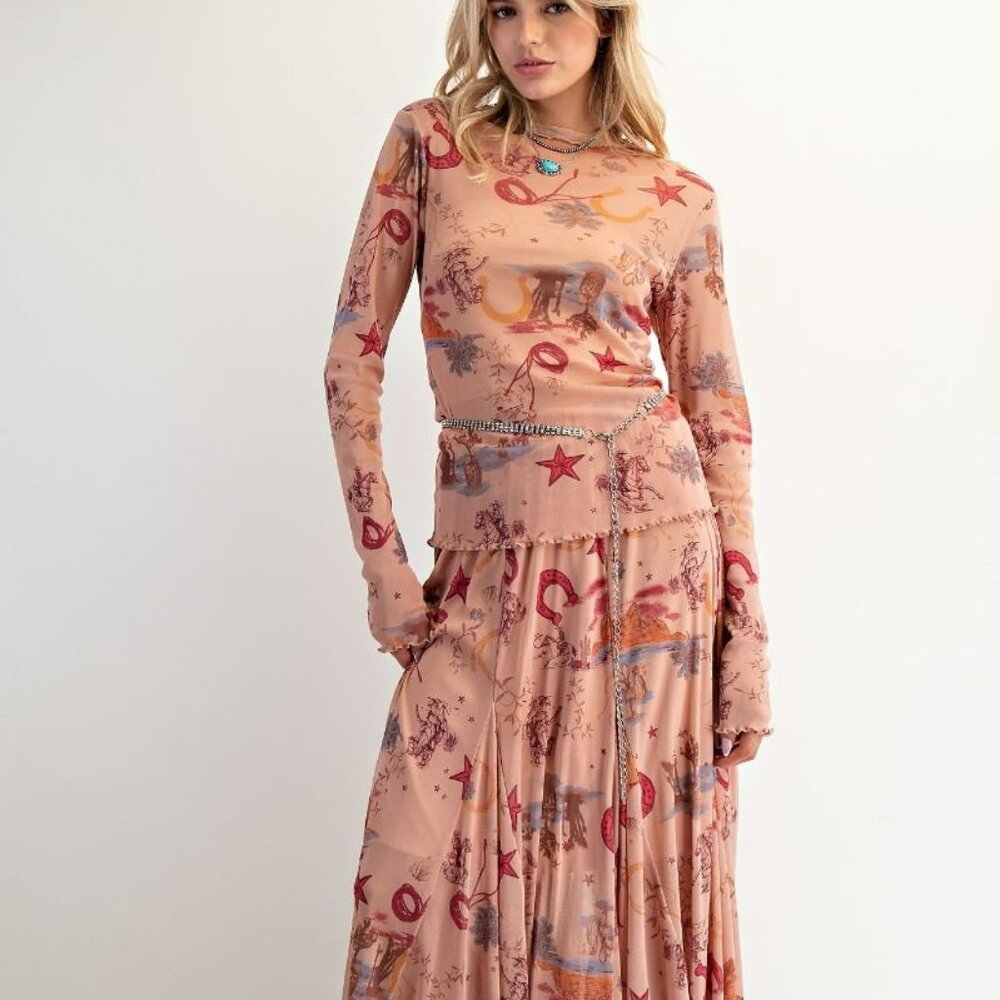 NWT Easel Western Printed Mesh Swing Maxi Skirt – Elastic Waist Cowgirl Skirt in